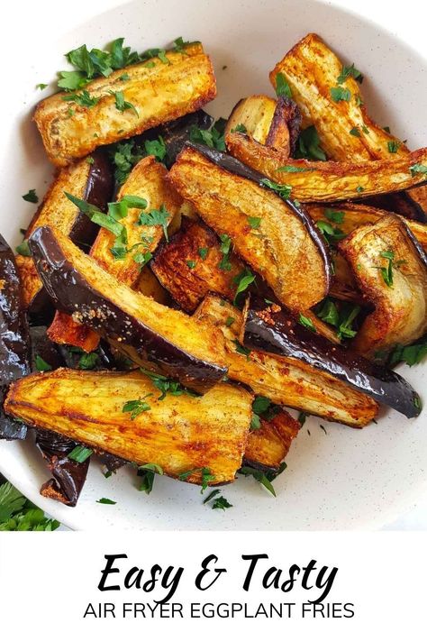 These fantastic air fryer eggplant fries are a fantastic, healthy side dish you can prepare in a matter of minutes! Eggplant, or aubergine, is cut into sticks and coated in olive oil, paprika, cumin, salt and garlic powder before being air fried to perfection. I love to air fry vegetables for healthy weeknight side dishes - it's quick, easy and so simple. This recipe is healthy, vegan, vegetarian, low carb, keto friendly, dairy free, gluten free and nut free, making it suitable for most. Air Fried Aubergine, Healthy Recipes Aubergine, Healthy Dinner Recipes Vegetarian Air Fryer, Low Carb Eggplant Recipes Air Fryer, Baked Eggplant Fries Recipes, Air Fryer Eggplant Recipes Healthy, Eggplant Meals Healthy, Zucchini And Eggplant Recipes Healthy, Eggplant Grilled Recipes