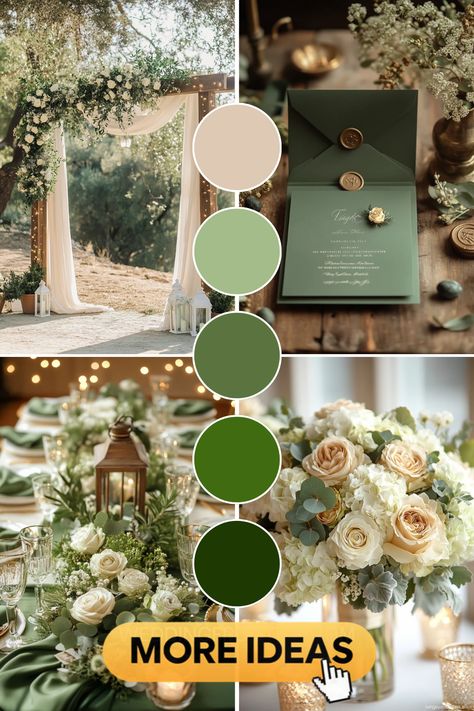 Visit our site for more olive green-themed wedding inspiration! This stunning color idea brings a touch of sophistication and natural beauty to every detail of your special day. From elegant invitations and bridesmaid dresses to captivating decor and exquisite floral arrangements, an olive green color palette adds a unique and timeless charm to your celebration. Let this color inspiration guide you in creating an unforgettable event that reflects your style and love story! Wedding Color Schemes Greens, Olive Green And Gold Wedding, Olive Green Wedding Theme, Forest Centerpieces, Green Wedding Theme Ideas, Olive Green Color Palette, Enchanted Forest Centerpieces, Green And Yellow Wedding, Green Wedding Palette