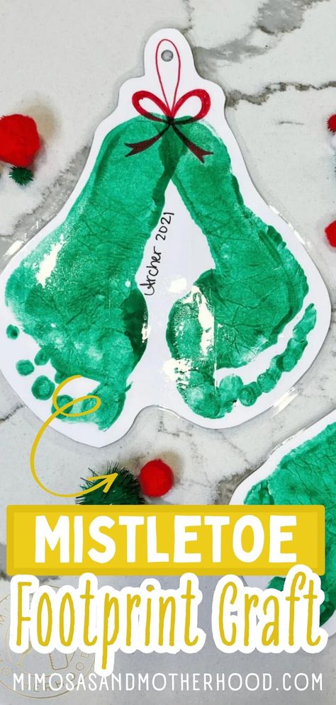 Capture the magic of your child's first Christmas with this cute and easy Mistletoes footprint craft! A perfect keepsake or ornament for the holiday season. Get creative with your little one and make memories that will last a lifetime. Toddler Mistletoe Craft, Mistletoe Footprint Craft, Baby Mistletoes Foot Prints, Misotoes Christmas, Mistletoes Footprint, Mistletoe Printable, Mistletoe Craft, Mistletoes Footprint Craft, Christmas Footprint Crafts