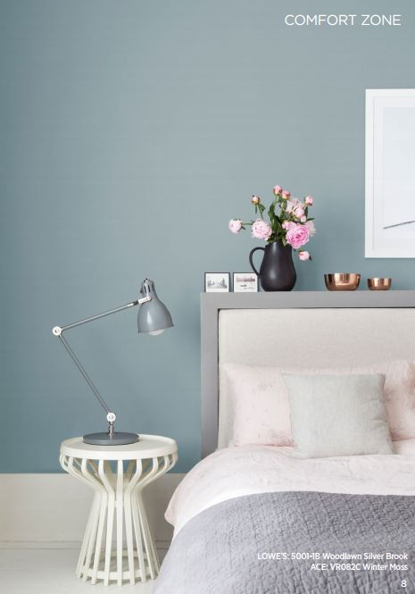 Valspar Colors of the Year 2016 - from the Comfort Zone Collection - Woodlawn Silver Brook (Lowes) or Winter Moss (Ace) Trending Paint Colors, Bedroom Color Schemes, Bedroom Paint Colors, Gray Bedroom, Trendy Bedroom, Bedroom Paint, Blue Bedroom, Living Room Grey, Room Paint