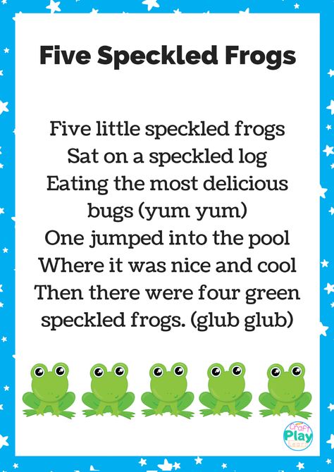 Today on Craft Play Learn we have the nursery rhyme Five Speckled Frogs to share with you. I love nursery rhymes and preschool counting songs. Not only are they fun to sing with the little ones, these songs help teach basic counting skills which are needed as a building block in the early years foundation stage. Early Years Nursery Rhyme Activities, Counting Rhymes Preschool, Frog Songs For Preschool, Counting Songs For Preschool, Nursery Rhymes Activities For Toddlers, Preschool Counting Songs, Five Speckled Frogs, Five Green And Speckled Frogs, Preschool Rhymes