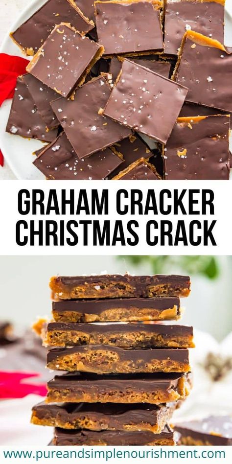 This is the best graham cracker Christmas crack recipe (aka graham cracker toffee bars). It's so easy to make with just four ingredients and the combination of the buttery caramel, graham crackers and dark chocolate blends perfectly. This dessert tastes like a Skor bar, but can also easily be made gluten free, dairy free, and vegan. Graham Cracker Toffee Bars, Cracker Toffee Bars, Graham Cracker Treats, Graham Cracker Bars, Graham Cracker Dessert, Graham Cracker Toffee, Cracker Dessert, Graham Cracker Recipes, Gluten Free Graham Crackers