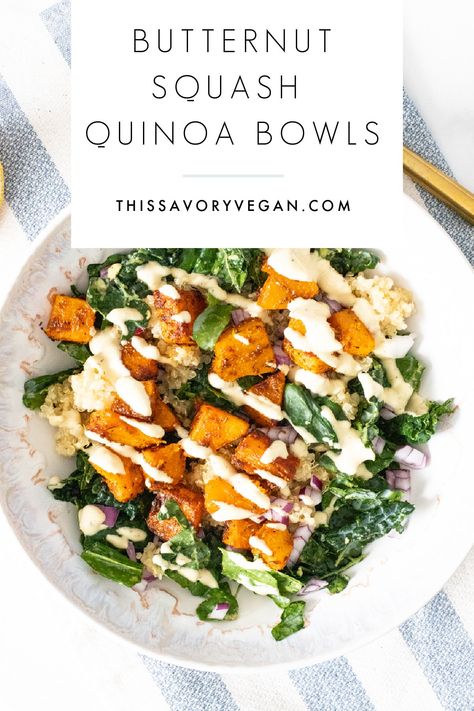 Butternut Squash Quinoa Bowls - This Savory Vegan Butternut Squash Rice, Marinated Kale, Squash Quinoa, Butternut Squash Kale, Butternut Squash Quinoa, Quinoa Bowls, Fall Vegan Recipes, Vegan Entree, Easy Vegan Dinner