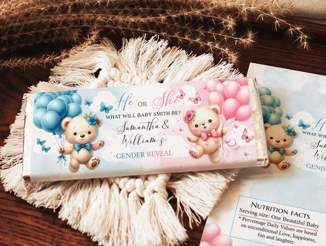 Editable Gender Reveal Party Chocolate Wrapper - Blue or Pink Bear Candy Bar - 1.55 oz Size, BSE9 Candy Bar Ideas Gender Reveal, Bear Gender Reveal Treats, Hershey Gender Reveal, Hershey Bar Gender Reveal, Gender Reveal Chocolate Heart, Baby Candy Bar, Baby Candy, Chocolate Wrappers, Baby Bear