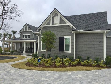 Chelsea Gray Exterior, Charcoal Gray Paint, Benjamin Moore Chelsea Gray, Outdoor House Paint, Grey Exterior House Colors, Benjamin Moore Exterior, Exterior Gray Paint, Gray House Exterior, Stone Exterior Houses