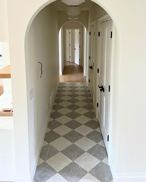 Who is a fan of the classic checkered floor? 🙋‍♀️ #havesomefun #interiors #checkeredfloor Black And White Harlequin Floors, Modern Checkered Floor, Checkered Laundry Room Floor, Checkered Kitchen Floor, Entryway Tile Floor, Checked Floor, Checkered Floor Kitchen, Check Floor, Tile Entryway