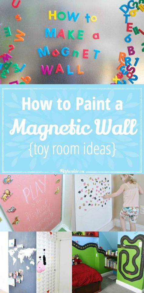 6 How to Paint a Magnetic Wall toy room ideas via @tipjunkie Wall Painting Ideas For Kids, Cool Boy Rooms, Farm Playroom, Hanging Kids Art, Ideas For Wall Painting, Boy Rooms Ideas, Playroom Ideas On A Budget, Playroom Garage, Montessori Playroom Ideas