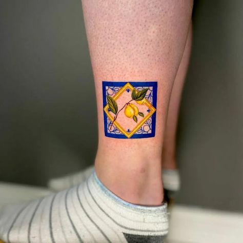 Sicilian Tattoo For Men, Amalfi Coast Tattoo Ideas, Tattoo Italy Ideas, Italian Lemon Tattoo, Amalfi Coast Tattoo, Lemon Flower Tattoo, Tiny Lemon Tattoo, Sicily Tattoo Ideas, Tile Tattoo Ideas