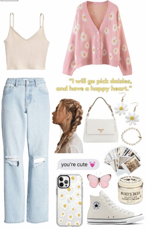 Trendy Pastel Outfits, Flowery Aesthetics Outfit, Daisy Outfit Aesthetic, Cute Girlie Outfit, Daisy Aesthetic Outfit, Cute Flowery Outfits, Pastel Fits Aesthetic, Pastel Girly Outfits, Pastel Soft Aesthetic Outfits