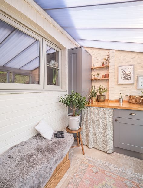 If you're living in a 1930s house looking for lean to ideas or if you have an ugly conservatory you want to transform, see how we transformed our conservatory into our dream utility room. It's perfect access to the garden makes it an ideal boot room too. Click through to read our utility room ideas for inspiration and see lots more of our 1930s house improvements House Utility Room, Lean To Pergola, Victorian Internal Doors, Fifi Mcgee, Utility Pantry, Lean To Conservatory, 1930s House Renovation, Utility Ideas, Before And After Renovation