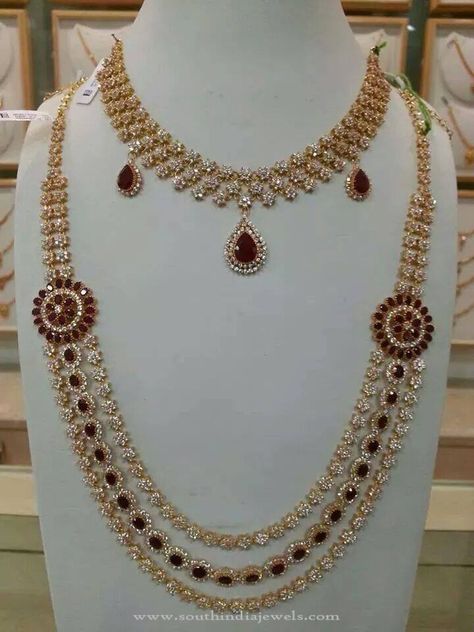 Gold Stone Jewellery, Cz Haram Designs In Gold, Molagolusu Gold Designs, Stone Haram Designs Gold, Cz Necklace Designs, New Necklace Designs Gold, Cz Jewellery Sets, Stone Necklace Designs, Ruby Necklace Designs