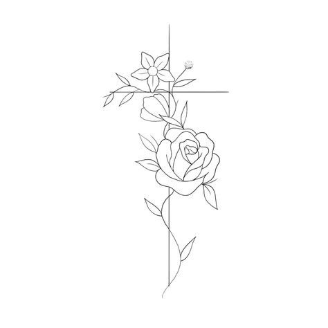 Red Flower Tattoos, Small Cross Tattoos, Line Tattoo Ideas, Cross Tattoos For Women, Tattoo Outline Drawing, Writing Tattoos, Floral Tattoo Design, Line Tattoo, Line Art Tattoos