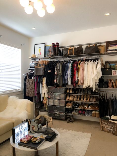 Closet Turned Into Makeup Area, Transform Spare Room Into Closet, Second Bedroom Closet Ideas, Couch In Closet Ideas, Dressing Room With Couch, Spare Bedroom Into Walk In Closet On A Budget, Closet Room With Couch, Bedroom As A Closet Ideas, Spare Bedroom Turned Into Closet