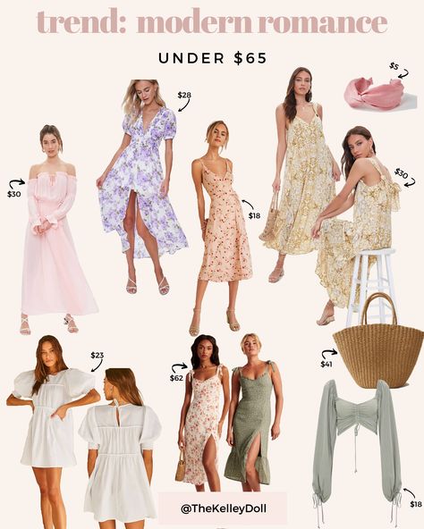 Trend Alert! I call this the modern romance trend— think feminine whimsical vibes, flowy silhouettes, puff sleeve peasant tops, floral print, and tie strap details on the shoulders. I curated this summer shopping guide of these ethereal, romantic outfits all under $65. #cottagecore #cottagecoreaesthetic #cottagecorefashion #floralprint #puffsleeves #knottedheadband #affordablefashion #budgetfashion Romantic Dresses Aesthetic, Romance Style Outfits, Modern Romance Outfit, Romance Core Outfits, Modern Romance Aesthetic, Modern Romantic Style Fashion, Romantic Asethic Outfits, Romantic Summer Dress, Ethereal Summer Outfits