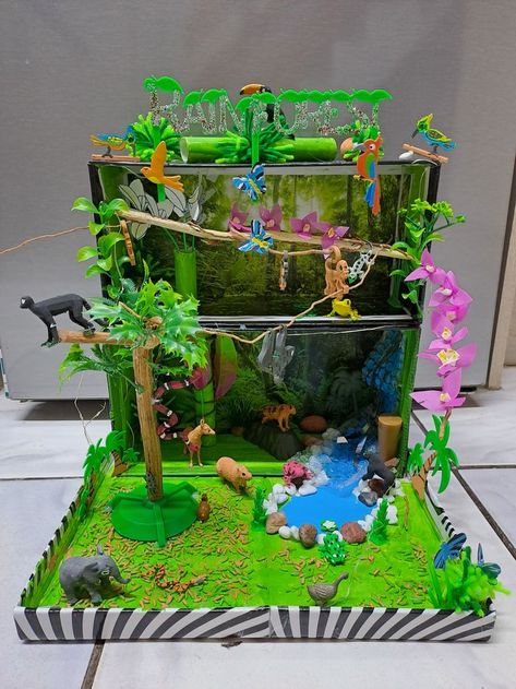 Rainforest diorama for grade 6 project,3d printed animals, crepe paper flowers.... Diy Rainforest Projects, Animal Ecosystem Project, Diy Rainforest Diorama, Rainforest Model Projects, 3d Rainforest Project, Shoebox Diarama Ideas, 3d Ecosystem Project, Rainforest Habitat Diorama, Rainforest Ecosystem Project Ideas