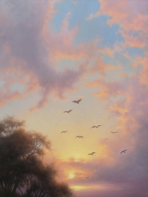 Birds Flying Painting, Birds In The Sky Painting, Birds Flying In The Sky Pictures, Birds Landscape, Bird Sky Aesthetic, Sunrise With Birds Flying, Sunset Birds Flying Video, Sunset Oil Painting, Drawings Inspo