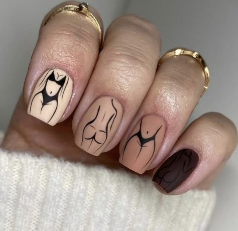 Body Nails Art, Nails With Body Design, Body Silhouette Nails, Body Silhouette Nail Art, Silhouette Nail Art, Body Nail Art, Silhouette Nails, Fall Toe Nails, Nail Design Glitter