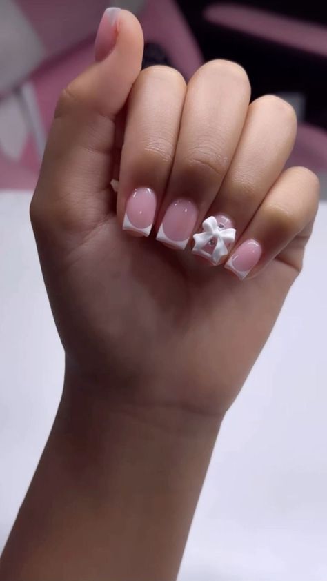 pretty coquette bow pink square short french tip nails Square Short French Tip Nails, Really Short Nails, Short French Tip, White Nail Ideas, Bow Nail Designs, Short French Tip Nails, Bow Nails, Trendy Bows, Cute Simple Nails