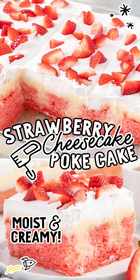 This strawberry cheesecake poke cake features a moist strawberry cake filled with creamy cheesecake pudding for a delightful treat. Strawberry Desserts With Cream Cheese, Strawberry Cheesecake Poke Cake Recipe, Poker Food, Strawberry Cheesecake Poke Cake, Strawberry Cake Birthday, Moist Strawberry Cake, Cheesecake Poke Cake, Strawberry Poke Cake, Birthday Desert