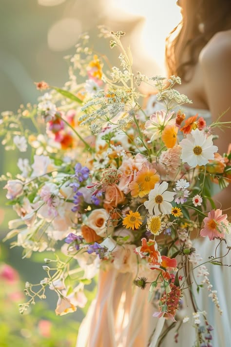 Discover 81 big wedding bouquets that will inspire you. See the full list now! #WeddingTrends #BigBouquets Garden Wedding Bouquet Spring, Spring Wedding Bouquets Wildflowers, Simple Colorful Wedding Bouquet, Spring Wildflower Wedding Bridesmaids, Soft Wildflower Wedding, Cottage Garden Bouquet, Late Summer Bouquet Wedding, Types Of Flowers For Bouquet, Spring Bridal Bouquet Wildflowers