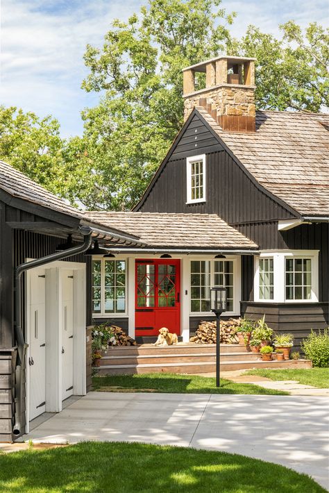 Moonlight Cottage | Murphy & Co Design Murphy And Co Design, Vintage Lake House Exterior, Cabin Chronicles Magnolia Network, Cottage House Siding, Shake Cottage Exterior, Dark Siding Light Roof, Adirondack Lake House Exterior, Cottage With Breezeway, Cottage Door Ideas