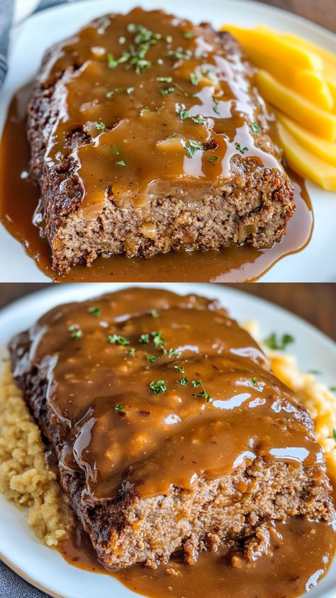 This No Ketchup Brown Gravy Meatloaf is a savory twist on the classic comfort dish, made without the traditional ketchup glaze. Instead, it’s flavored with sautéed onions, garlic, fresh thyme, and a rich brown gravy. The Worcestershire sauce and tomato paste add depth, while breadcrumbs and eggs provide a tender texture. The dish is perfect for a hearty family dinner or any time you crave a comforting, homemade meal. Meatloaf Recipes Without Tomato Sauce Or Ketchup, Meatloaf With Worcestershire Sauce, Meatloaf Without Onions, Meatloaf Sauce Without Ketchup, Baked Meat Dishes, Meatloaf Recipes Gravy, Meatloaf Recipes With Brown Gravy, Meatloaf With Gravy Recipes, Meatloaf With Brown Gravy Recipes