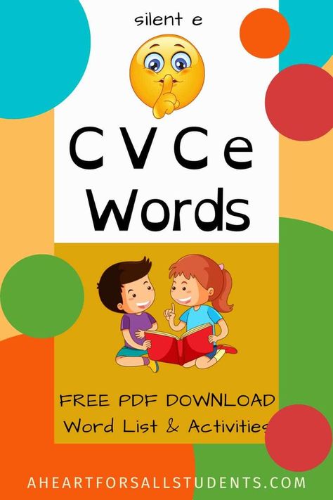 cvce word list printable bright colored circles in teal, orange, red, and green with a yellow face covering his lips in silence with two little kids on floor sharing a book Cvce Words List, Vowel Consonant E Worksheets, Learning For Kindergarten, Cvce Worksheets, Homeschool Curriculum Planning, Magic E Words, Brain Based Learning, Silent E, Pattern Worksheet