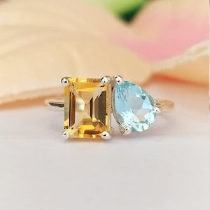 Unique Vintage Ring, Best Birthday Gift, Blue Wedding Ring, Anniversary Gift, Engagement Ring, Multi Stone Ring, Citrine Octagon Cut, Multi Toi-Moi Ring, Topaz and Citrine, Thanks Gift For Her, Two Stone Multi Ring, 
Citrine Topaz Ring, Bestseller Jewelry, 925 Solid Sterling Silver, Natural Swiss Blue Topaz Gemstone, Natural Golden Citrine Gemstone, 8MM X 6MM Octagon And Pear Multi Stone Ring Yellow And Blue Topaz Ring, Citrine And Aquamarine Ring, Topaz And Citrine Ring, Aquamarine And Citrine Ring, Yellow Topaz Ring Designs, Yellow Topaz Ring, Yellow Citrine Ring, Citrine Ring Engagement, Ring Jewellery Design