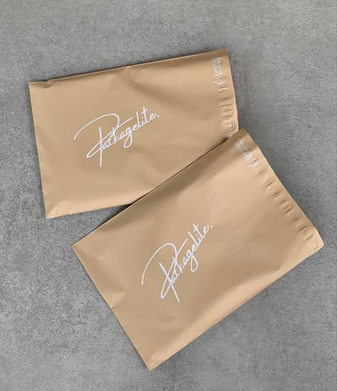 Branded packaging, beige polymailer, white ink clothing retail Courier Packaging Ideas, Polymailer Packaging Ideas, Polymailer Packaging Design, Clothes Shop Design, Hijab Store, Plastic Bag Packaging, Soap Packing, Packaging Ideas Business, Small Business Packaging Ideas