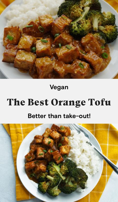 This crispy tofu coated in a delicious, sweet, sticky homemade orange sauce is better than Chinese takeout. In just 45 minutes, enjoy this vegan take on the classic orange chicken. Serve vegan orange tofu over rice and roasted broccoli for a satisfying meal.   #vegan #orangetofu #orangechicken #chinesetakeout #veganchinesefood #chinesefood #glutenfree Vegan Chinese Food, Orange Tofu, Vegan Chinese, Tofu Vegan, Vegan Asian Recipes, Tofu Recipes Vegan, Vegan Asian, Chinese Takeout, Easy Vegan Dinner