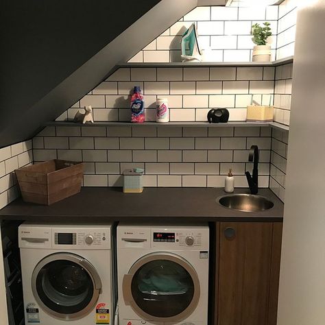 Small Laundry Under Stairs, Laundry Room With Stairs, Laundry Room Under Eaves, Laundry Room Stairs, Laundry Room With Slanted Ceiling, Under Stairs Laundry Room Storage, Small Laundry Room Under Stairs, Laundry Room Under The Stairs, Laundry Closet Under Stairs