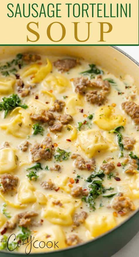 sausage tortellini soup in a green pot garnished with rep pepper flakes Easy Crockpot Meals Soup, Sausage Totaling Soup, Tortilini Soup Italian Sausages, Soup For Thanksgiving, Soups Crockpot Recipes, Cozy Easy Dinners, Soups For Thanksgiving Dinner, Dinner Ideas For Group, Popular Soups Recipes