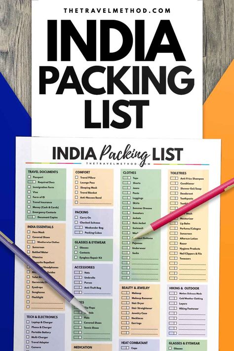 The Ultimate India Packing List (with Tips) You Can Download Today - The Travel Method Travel To India Packing Lists, Packing For India Trip, India Packing List Woman, Traveling To India Tips, Hostel Essentials Packing Lists Indian, India Packing List, Trip Checklist, India Vacation, Packing List Men