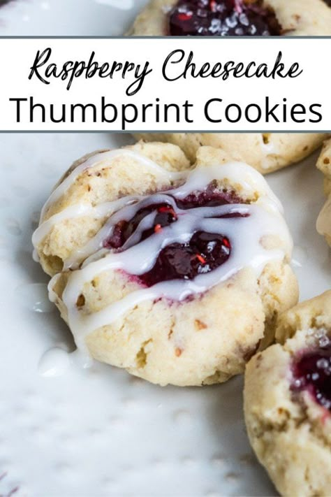 Thumb Print Cookies With Cream Cheese, Raspberry Cream Cookies, Raspberry Cheesecake Thumbprint Cookies, Raspberry Cream Cheese Cookies, Cream Cheese Cookies Recipes, Cream Cheese Thumbprint Cookies, Cheesecake Thumbprint Cookies, Cream Cheese Cookie, Raspberry Thumbprint