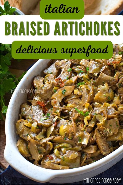 Italian Artichokes Recipes, Artichoke Side Dish Recipes, Artichoke Francaise Recipe, Artichoke Casserole Italian, Recipe Artichoke, Roast Artichoke, Olive Oil Braised Artichoke, Artichoke Recipe, Bruschetta Pasta