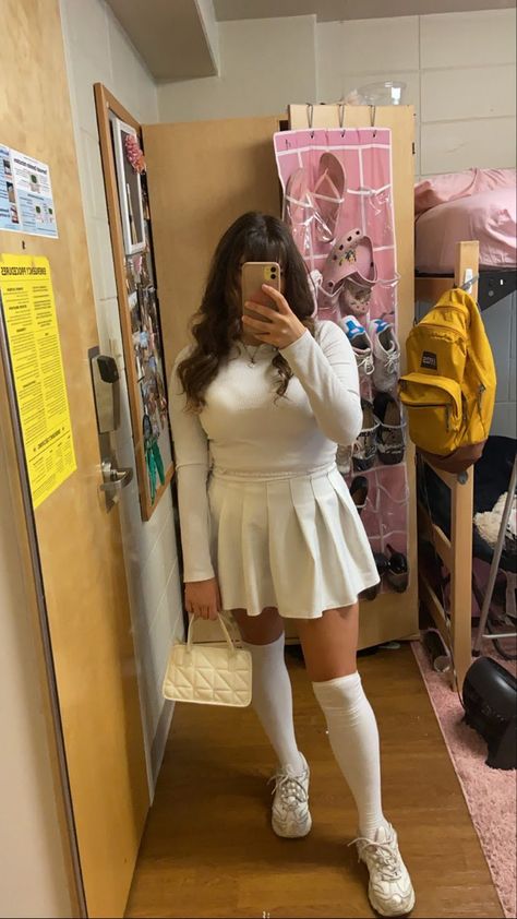 White Knee High Socks Outfit Mini Skirts, White Knee Socks Outfit, White Knee High Socks Outfit, Knee High Socks Outfit, White Knee Socks, White Skirt Outfit, High Socks Outfits, High Knee Socks Outfit, White Knee High Socks