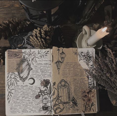 Dnd Scrapbook Journal, Journal Ideas Dark Academia, Dark Academia Sketchbook, Dark Academia Journal Ideas, Dark Academia Bullet Journal, Fantasy Journal Pages, Reese Core, Grimoire Aesthetic, Dark Academia Witch