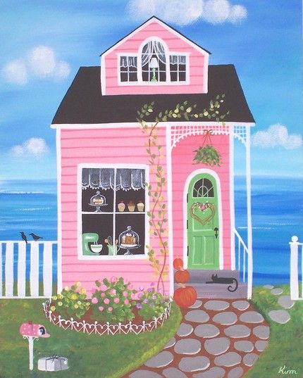 kim1 Arte Folk, House Illustration, Pink House, Cottage Art, House Quilts, Cute House, Pink Houses, Rose Cottage, Arte Popular