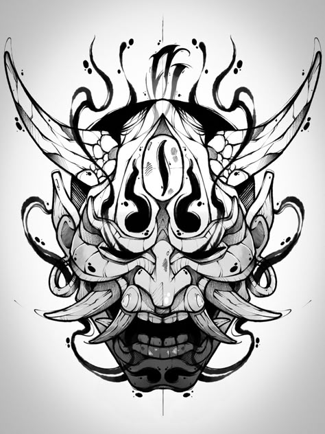 Japanese Oni Mask Drawing, Oni Mask Sketch, Oni Mask Design, Lines Sketching, Back Of Hand Tattoos, Samurai Mask Tattoo, Tattoo Lines, Oni Maske, Oni Mask Tattoo