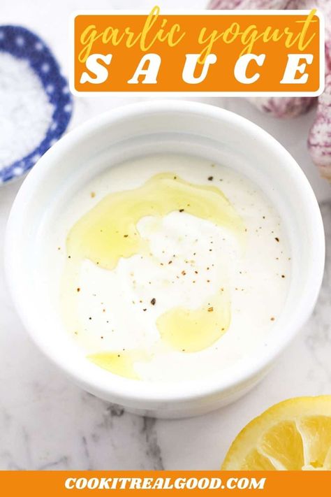 This 6 ingredient Garlic Yogurt Sauce is so quick and easy to prepare. Use it as a sauce for your favourite meats, slather it inside a kebab or gyros, or serve it as a dip with some pita bread. Sauce For Gyros, Sauce For Grilled Chicken, Garlic Yogurt Sauce, Yogurt Dipping Sauce, Garlic Yogurt, Homemade Sauce Recipes, Best Vegetarian Recipes, Yogurt Sauce, Pita Bread