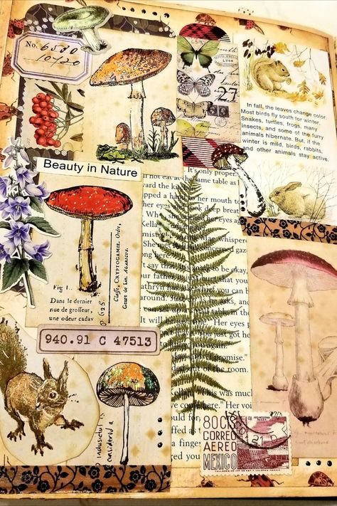 Nature Theme Scrapbook, Cottage Core Scrapbook, Aestethic Journal, Fantasy Journal Pages, Plants In Nature, Mushroom Journal Theme, Constance Rose, Plant Scrapbook Journal, Mushroom Theme Junk Journal