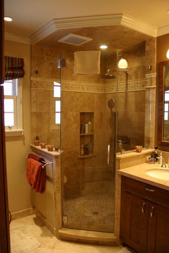 Corner Shower Ideas, Remodel Shower Stall, Shower Redo, Bathroom Shower Stalls, Makeover Kamar Mandi, Neo Angle Shower, Master Bath Remodel, Glass Walls, Bathroom Shower Tile