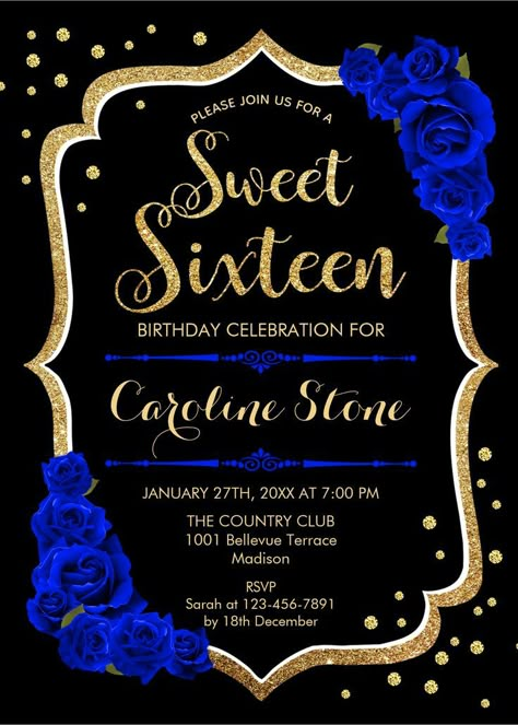 Sweet 16 Birthday - Black Gold Royal Blue Invitation. Sweet Sixteen Birthday Invitation. Elegant design in black, royal blue and gold. Features sapphire roses, faux glitter gold, stylish script font and confetti. Perfect for a glam 16th birthday party. Customize with your own details. Printed Zazzle invitations or instant download digital printable template. Blue Quinceanera Theme, Quinceanera Stuff, Royal Blue Quince, Royal Blue Quinceanera, Red Invitation, Blue Sweet 16, Sweet 15 Party Ideas, Quinceanera Pink, Quince Invitations