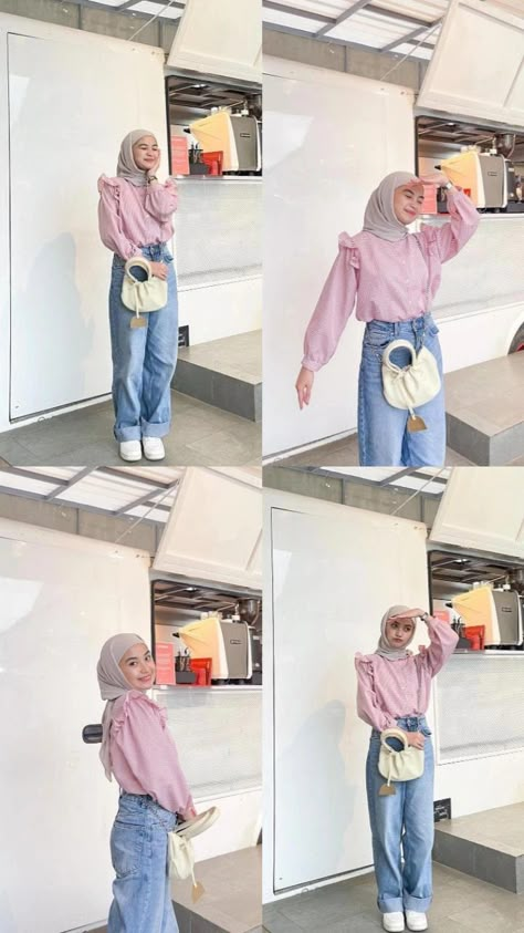 Soft Pink Outfit Hijab, Outfit Ke Dufan, Outfit Pink Hijab Casual, Outfit Jeans Hijab, Cute Hijabi Outfits, Hijab Jeans, Ootd Hijab Style, Outfit Hijab Casual, Outfit Korean Style