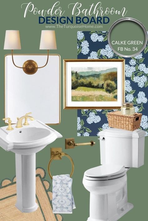 Blue And Green Powder Room, Sage And Blue Bathroom, Sage Green And Blue Bathroom, Traditional Decor Bathroom, Sage Green And Navy Bathroom, Traditional Powder Bathroom, Sage Green Powder Room, Sage Green Bathroom Walls, Green And Blue Bathroom