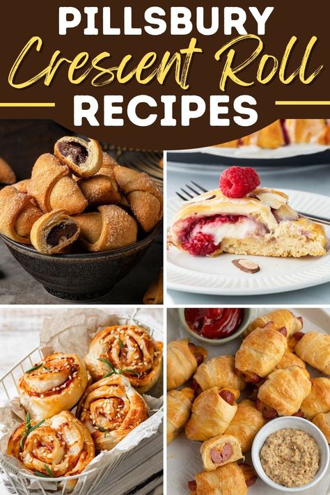 You'll flip for these Pillsbury crescent roll recipes! From pigs in a blanket to croissants to pizza rolls, the refrigerated Pillsbury dough is as versatile as it gets. Croissant Pillsbury Recipes, Pillsbury Flaky Rolls Recipes, Pilsbury Crossaints Recipes, Christmas Croissant Ideas, Croissant Dough Ideas Pillsbury, Pillsbury Croissant Recipes, Croissant Desserts, Crescent Roll Recipes Appetizers, Refrigerator Dough