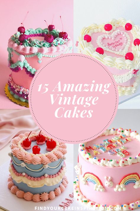 15 Amazing Vintage Cakes You Will Love - Find Your Cake Inspiration Wilton Cakes Vintage, Vintage Cakes With Cherries, Retro Cake Decorating, Birthday Cake Traditional, Antique Cake Design, Retro Cake Recipes, Boujie Birthday Cake, Vintage Inspired Birthday Cakes, Vintage Buttercream Birthday Cake