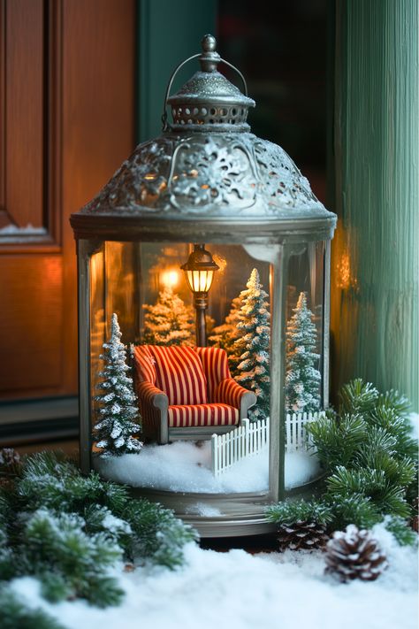 Wish you could bring snowy magic to your porch? I adore how a snow-filled lantern with vintage designs instantly adds a frosty, festive feel. Miniatures inside the lantern create a charming Christmas scene that’s straight out of a winter wonderland. Even if you don’t get snow where you live, this idea brings that icy beauty home. Don’t you think your porch deserves a touch of snowy magic this year? Outdoor Christmas Lantern Ideas, Winter Lantern Decor, Outdoor Christmas Lanterns, Christmas Miniatures Scene, Winter Scenes Wonderland, Christmas Lantern Ideas, Lantern Decorations, Lantern Christmas Decor, Dreamy Christmas