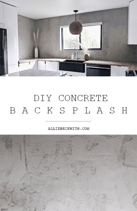 Had so much fun doing this DIY concrete backsplash! Such a great addition to my minimalist interior style. Concrete Countertop Backsplash, Concrete Countertop And Backsplash, Concrete Walls Interior Basements, Bathroom Concrete Wall, Concrete Style Wall, Concrete Kitchen Wall, Faux Concrete Backsplash, Concrete Wall Ideas Interior, Textured Hallway Walls