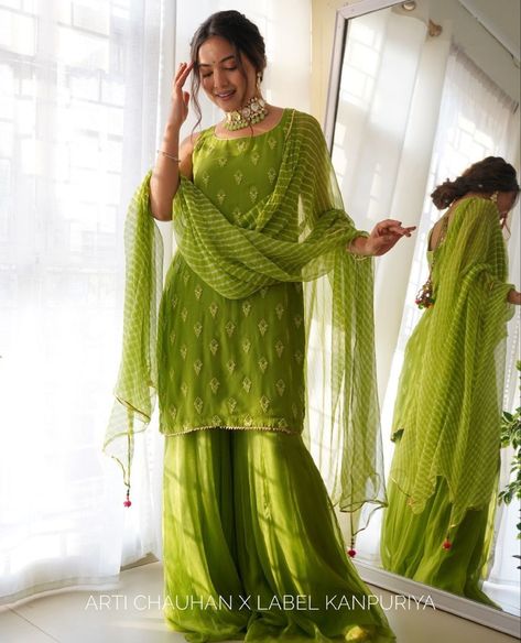 Premium Indian Georgette Light Green Embroidered Heavy Work Partywear kurta sharara & Dupatta for women, Dresses for wedding Stitched Green Suit Women, Green Sharara Suit, Green Sharara, Gharara Designs, Silk Kurti Designs, Mehendi Outfit, Sharara Designs, Kurta Sharara, Zari Embroidery